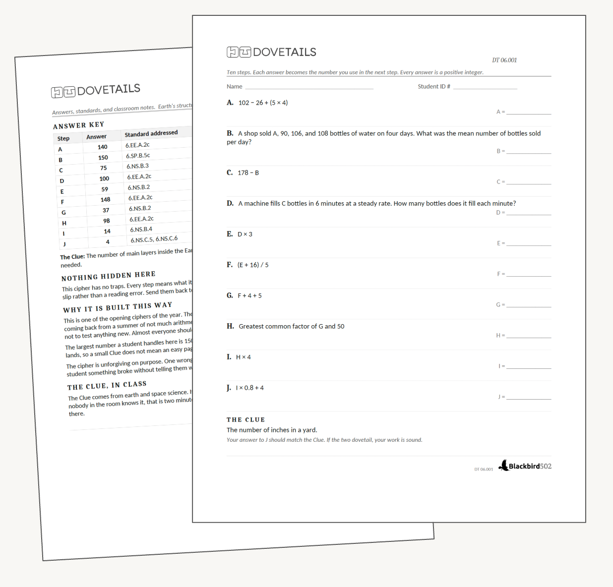 Sample Dovetails cipher puzzle sheet and answer key
